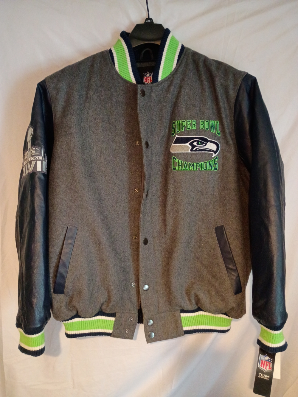 NFL Seattle Seahawks Gray & Navy Varsity Jacket with Neon Green Trim